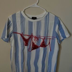 Striped Blue & White Tee with Red Sequin Bikini Graphic